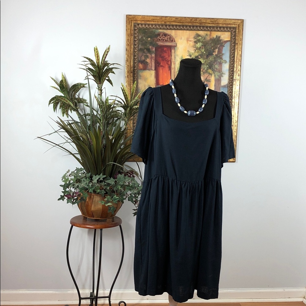 White Birch Women Navy Blue Dress Short Sleeve Pleated Square Neck 100% Linen